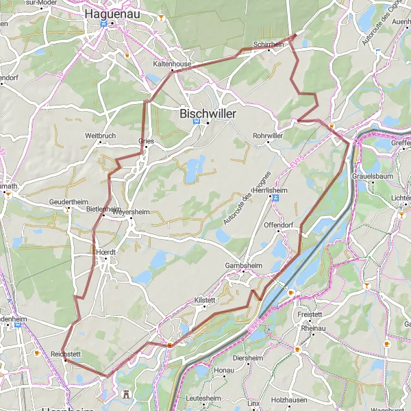 Miniature de la carte de l'inspiration cycliste "Itinéraire de 62 km en gravel près de Reichstett" dans la Alsace, France. Générée par le planificateur d'itinéraire cycliste Tarmacs.app