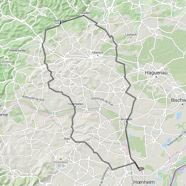 Map miniature of "Brumath Loop" cycling inspiration in Alsace, France. Generated by Tarmacs.app cycling route planner