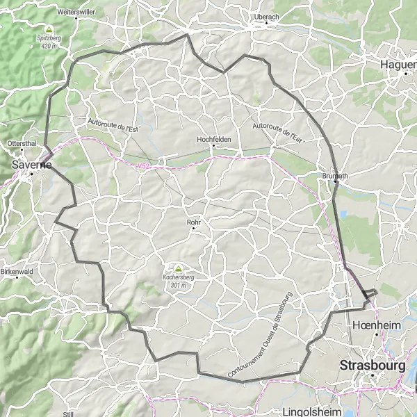 Miniature de la carte de l'inspiration cycliste "Circuit de 107 km vers Reichstett" dans la Alsace, France. Générée par le planificateur d'itinéraire cycliste Tarmacs.app
