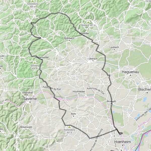 Miniature de la carte de l'inspiration cycliste "Aventure de 134 km à vélo en Alsace" dans la Alsace, France. Générée par le planificateur d'itinéraire cycliste Tarmacs.app