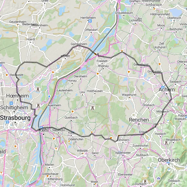 Map miniature of "Achern Loop" cycling inspiration in Alsace, France. Generated by Tarmacs.app cycling route planner