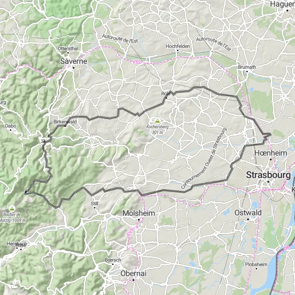 Miniature de la carte de l'inspiration cycliste "Tour des Vosges du Nord" dans la Alsace, France. Générée par le planificateur d'itinéraire cycliste Tarmacs.app