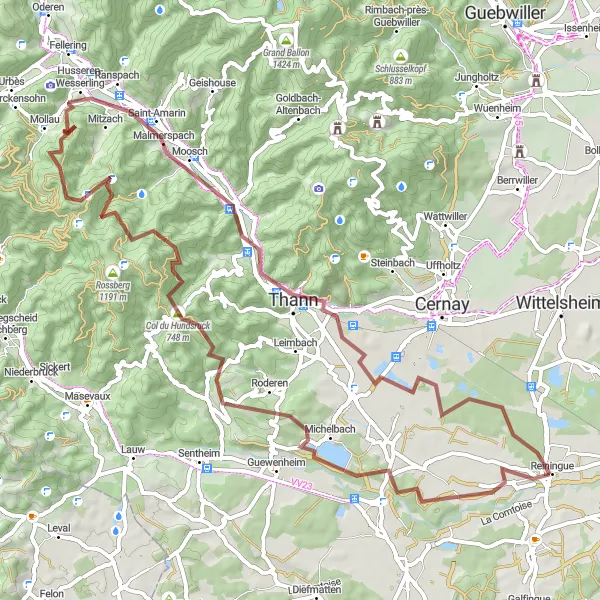 Map miniature of "Gravel Adventure to Col du Hundsruck" cycling inspiration in Alsace, France. Generated by Tarmacs.app cycling route planner