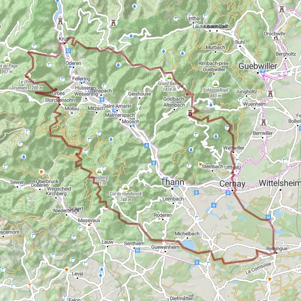 Miniature de la carte de l'inspiration cycliste "Défi gravel dans les Vosges" dans la Alsace, France. Générée par le planificateur d'itinéraire cycliste Tarmacs.app