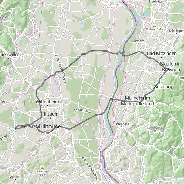 Map miniature of "Castles and Rivers" cycling inspiration in Alsace, France. Generated by Tarmacs.app cycling route planner