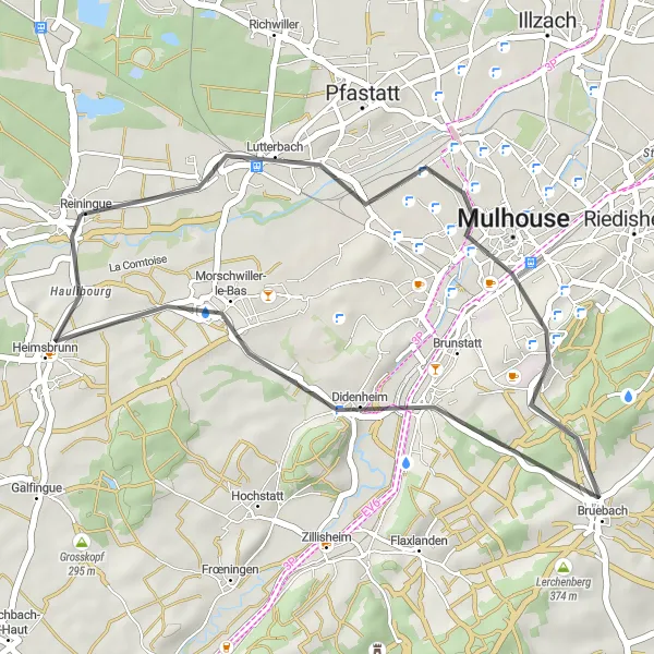 Miniature de la carte de l'inspiration cycliste "Parcours autour de Mulhouse" dans la Alsace, France. Générée par le planificateur d'itinéraire cycliste Tarmacs.app