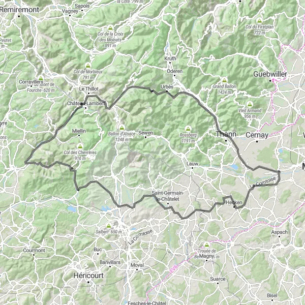 Miniature de la carte de l'inspiration cycliste "Aventure au cœur des Vosges" dans la Alsace, France. Générée par le planificateur d'itinéraire cycliste Tarmacs.app