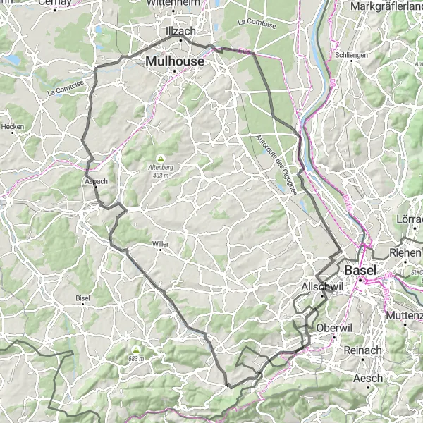 Map miniature of "Alsace Road Cycling Adventure" cycling inspiration in Alsace, France. Generated by Tarmacs.app cycling route planner