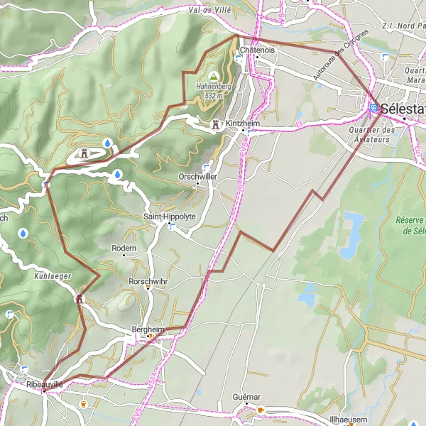 Map miniature of "Gravel Cycling Route in the Heart of Alsace" cycling inspiration in Alsace, France. Generated by Tarmacs.app cycling route planner