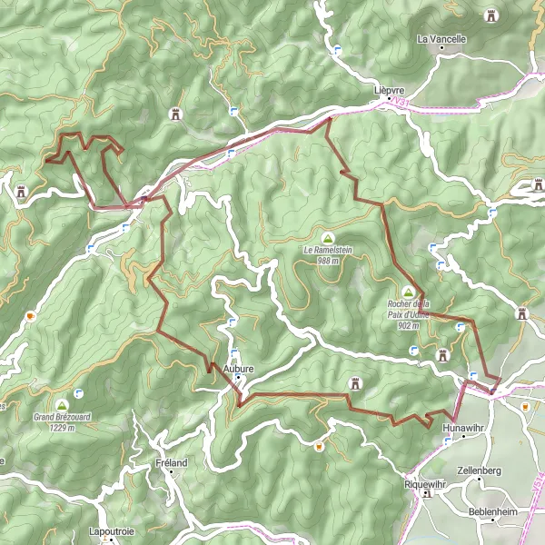 Map miniature of "Mountainous Gravel Challenge in the Vosges" cycling inspiration in Alsace, France. Generated by Tarmacs.app cycling route planner