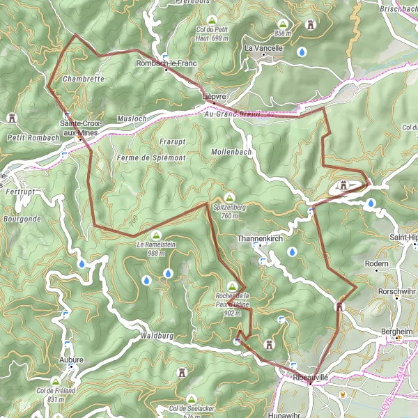 Miniature de la carte de l'inspiration cycliste "Boucle des Châteaux" dans la Alsace, France. Générée par le planificateur d'itinéraire cycliste Tarmacs.app