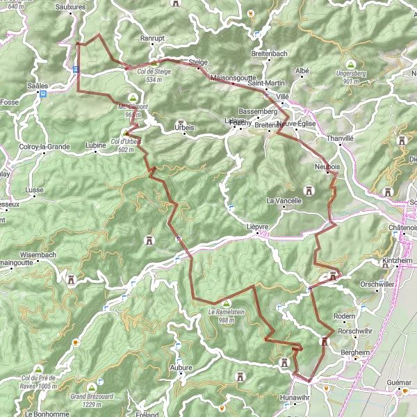 Miniature de la carte de l'inspiration cycliste "Les Hautes Vosges en Gravel" dans la Alsace, France. Générée par le planificateur d'itinéraire cycliste Tarmacs.app