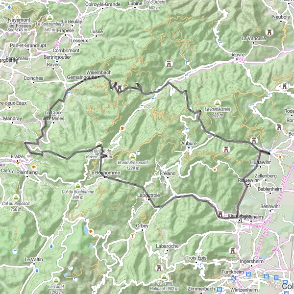 Map miniature of "The Vosges Mountains Challenge" cycling inspiration in Alsace, France. Generated by Tarmacs.app cycling route planner