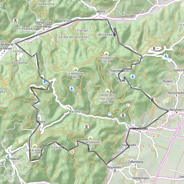 Miniature de la carte de l'inspiration cycliste "Riquewihr et les Vins d'Alsace" dans la Alsace, France. Générée par le planificateur d'itinéraire cycliste Tarmacs.app