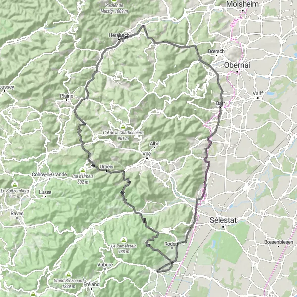 Map miniature of "Grand Alhan Loop" cycling inspiration in Alsace, France. Generated by Tarmacs.app cycling route planner