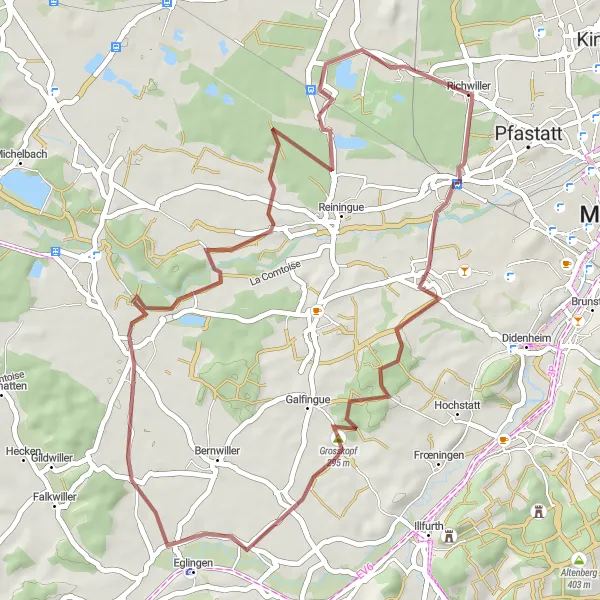 Miniature de la carte de l'inspiration cycliste "La Boucle des Forêts d'Alsace en Gravel" dans la Alsace, France. Générée par le planificateur d'itinéraire cycliste Tarmacs.app