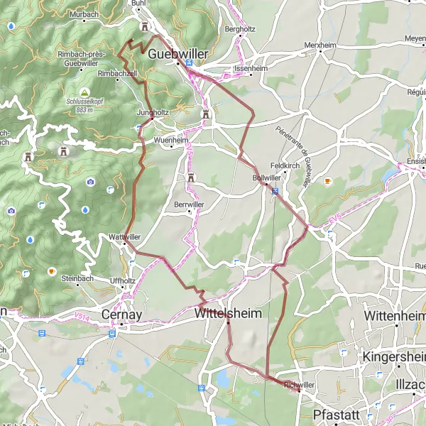 Map miniature of "Exploring the Heart of Alsace" cycling inspiration in Alsace, France. Generated by Tarmacs.app cycling route planner