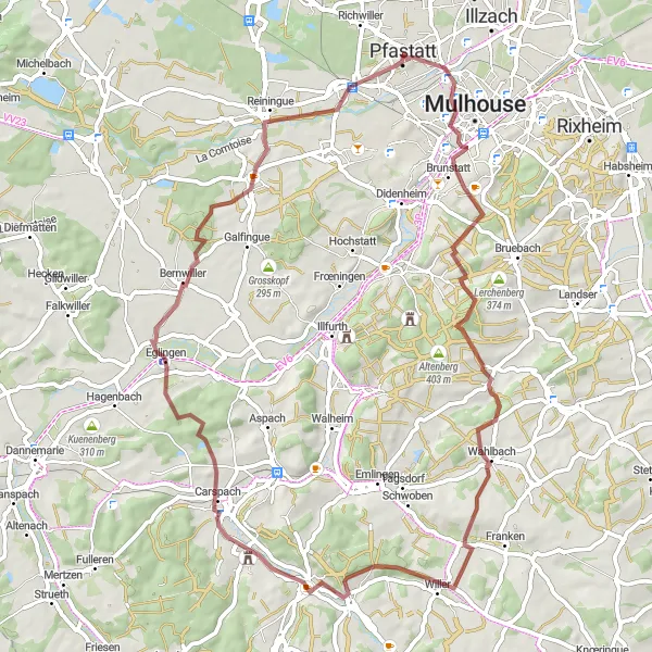 Map miniature of "The Gravel Adventure" cycling inspiration in Alsace, France. Generated by Tarmacs.app cycling route planner