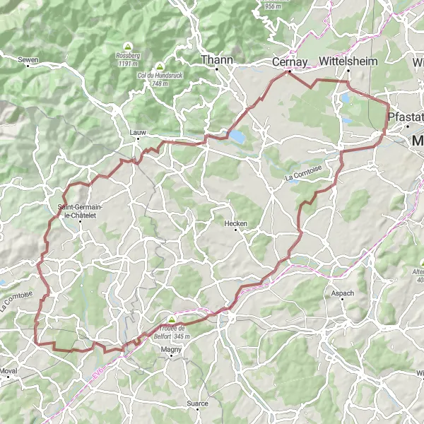 Miniature de la carte de l'inspiration cycliste "La Grande Boucle des Vosges en Gravel" dans la Alsace, France. Générée par le planificateur d'itinéraire cycliste Tarmacs.app