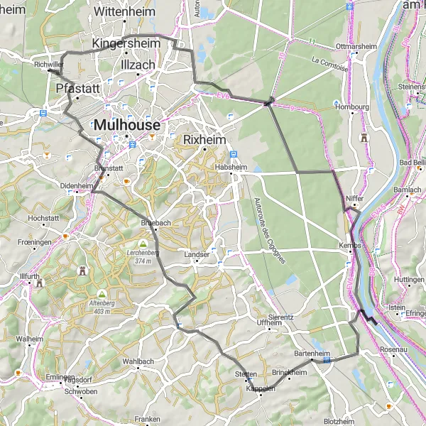Map miniature of "The Road Adventure" cycling inspiration in Alsace, France. Generated by Tarmacs.app cycling route planner