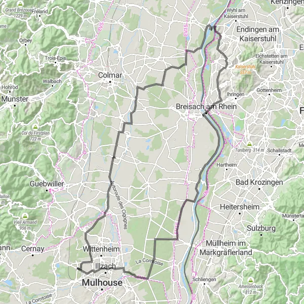 Map miniature of "Cultural Gems and Riverside Scenery" cycling inspiration in Alsace, France. Generated by Tarmacs.app cycling route planner
