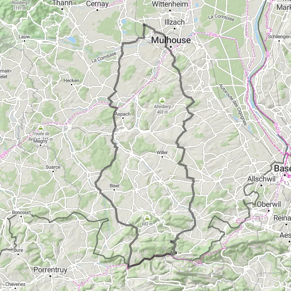 Map miniature of "Mountain Challenges and Scenic Wonders" cycling inspiration in Alsace, France. Generated by Tarmacs.app cycling route planner