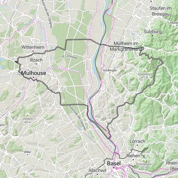 Miniature de la carte de l'inspiration cycliste "Tour de Route à travers les vignobles et les collines" dans la Alsace, France. Générée par le planificateur d'itinéraire cycliste Tarmacs.app