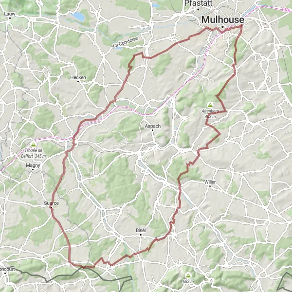 Map miniature of "Tales of the Sundgau" cycling inspiration in Alsace, France. Generated by Tarmacs.app cycling route planner