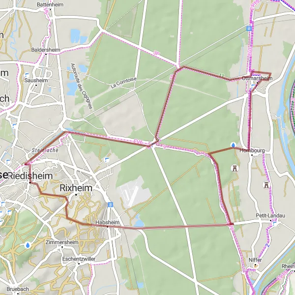 Map miniature of "Picturesque Gravel Loop through Riedisheim" cycling inspiration in Alsace, France. Generated by Tarmacs.app cycling route planner