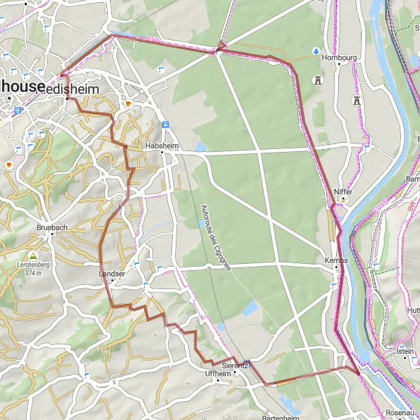 Miniature de la carte de l'inspiration cycliste "Itinéraire Gravel à Kembs depuis Riedisheim" dans la Alsace, France. Générée par le planificateur d'itinéraire cycliste Tarmacs.app