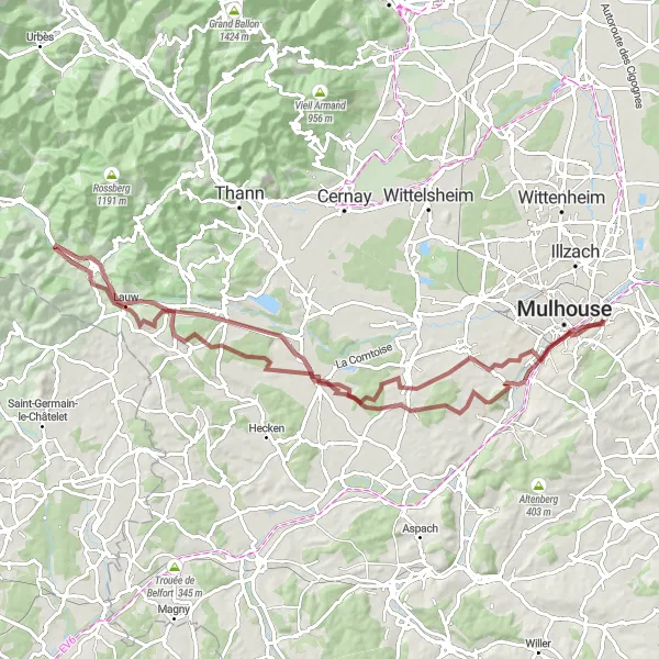 Miniature de la carte de l'inspiration cycliste "Les Collines du Sundgau" dans la Alsace, France. Générée par le planificateur d'itinéraire cycliste Tarmacs.app