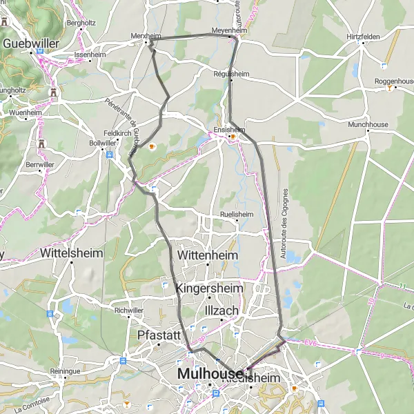 Miniature de la carte de l'inspiration cycliste "Boucle à Vélo vers Baldersheim depuis Riedisheim" dans la Alsace, France. Générée par le planificateur d'itinéraire cycliste Tarmacs.app