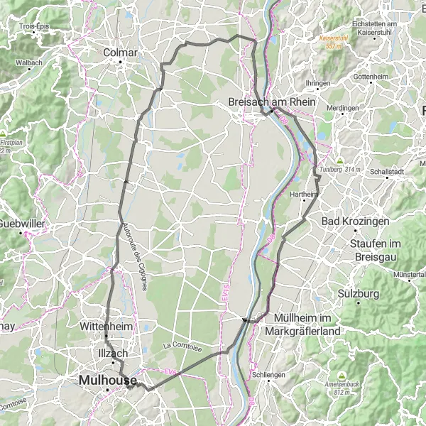 Miniature de la carte de l'inspiration cycliste "Route des Vignobles et Châteaux Alsaciens" dans la Alsace, France. Générée par le planificateur d'itinéraire cycliste Tarmacs.app