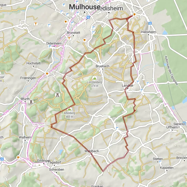 Map miniature of "Landser and Kœtzingue Gravel Adventure" cycling inspiration in Alsace, France. Generated by Tarmacs.app cycling route planner