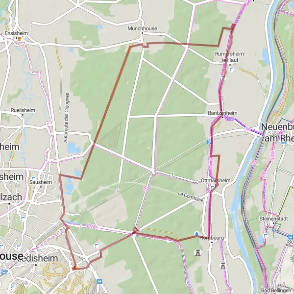 Map miniature of "Rixheim and Ottmarsheim Gravel Route" cycling inspiration in Alsace, France. Generated by Tarmacs.app cycling route planner