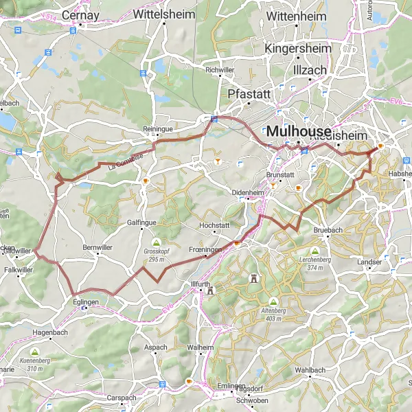 Miniature de la carte de l'inspiration cycliste "Aventure nature entre Zillisheim et Lutterbach" dans la Alsace, France. Générée par le planificateur d'itinéraire cycliste Tarmacs.app