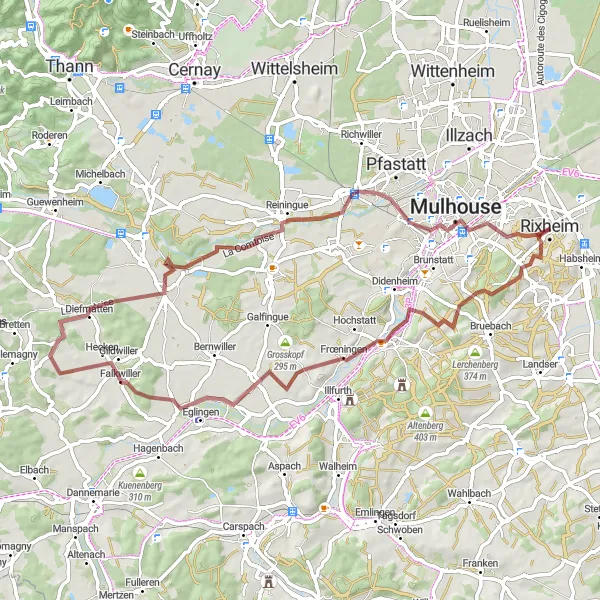 Map miniature of "Gravel Adventure to Mulhouse" cycling inspiration in Alsace, France. Generated by Tarmacs.app cycling route planner