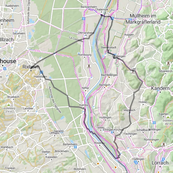 Miniature de la carte de l'inspiration cycliste "Itinéraire routier à travers l'Alsace" dans la Alsace, France. Générée par le planificateur d'itinéraire cycliste Tarmacs.app