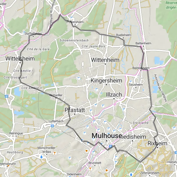 Miniature de la carte de l'inspiration cycliste "Parcours routier entre Mulhouse et Baldersheim" dans la Alsace, France. Générée par le planificateur d'itinéraire cycliste Tarmacs.app