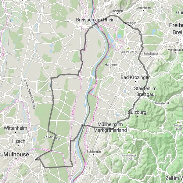 Map miniature of "Discover the Markgräflerland" cycling inspiration in Alsace, France. Generated by Tarmacs.app cycling route planner