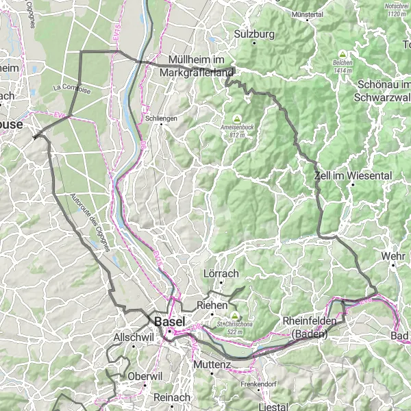 Map miniature of "Scenic Route to Basel" cycling inspiration in Alsace, France. Generated by Tarmacs.app cycling route planner