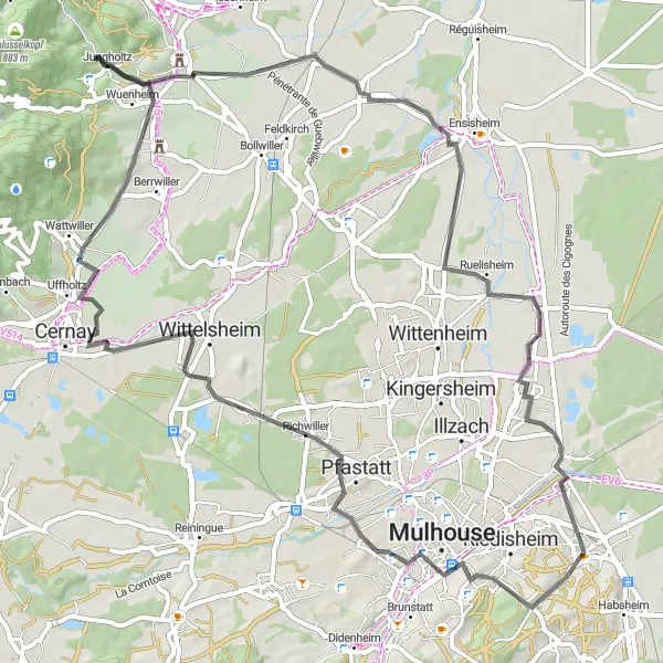 Map miniature of "Mulhouse and Ensisheim Road Circuit" cycling inspiration in Alsace, France. Generated by Tarmacs.app cycling route planner