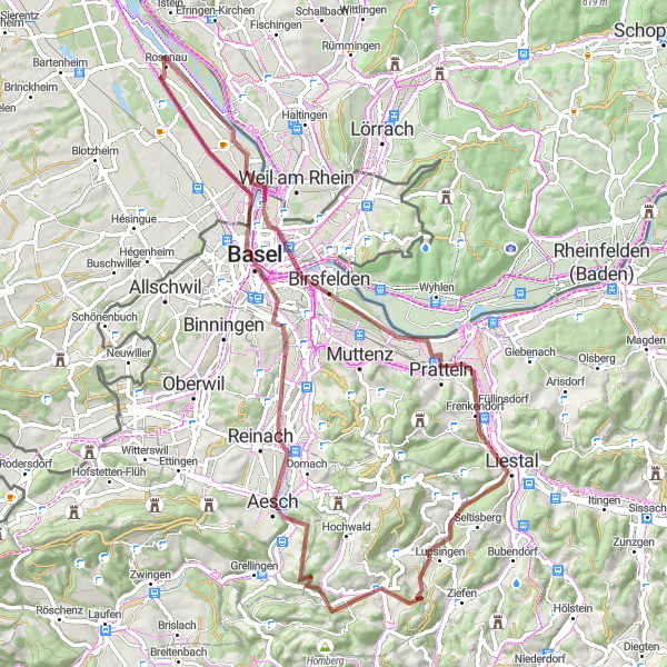 Map miniature of "Liestal Loop" cycling inspiration in Alsace, France. Generated by Tarmacs.app cycling route planner