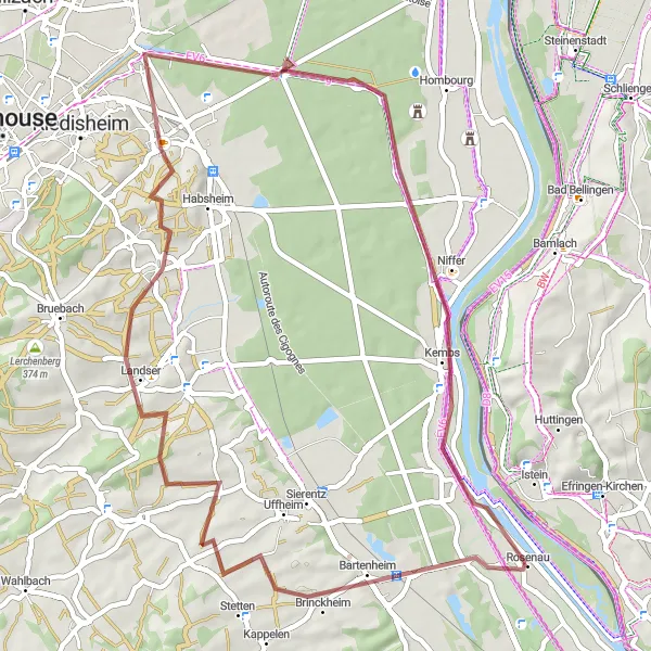 Map miniature of "Bartenheim Gravel Adventure" cycling inspiration in Alsace, France. Generated by Tarmacs.app cycling route planner