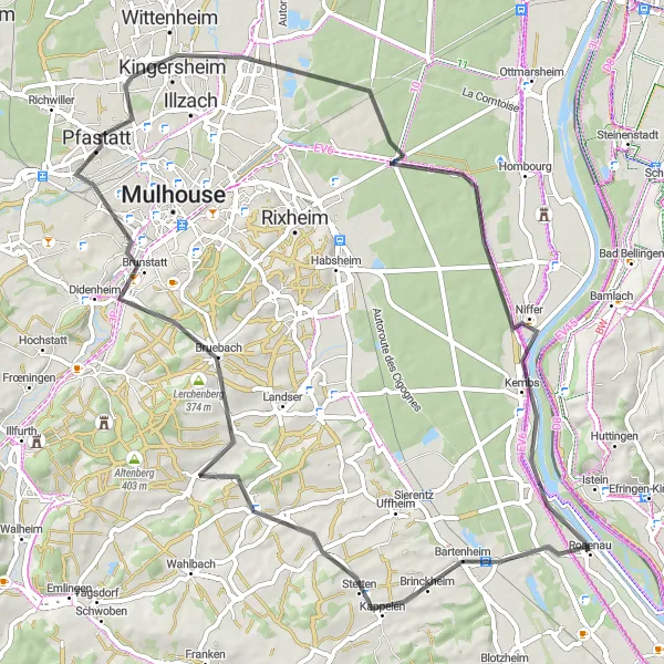 Miniature de la carte de l'inspiration cycliste "Tour de Brinckheim - Kœtzingue - Mulhouse" dans la Alsace, France. Générée par le planificateur d'itinéraire cycliste Tarmacs.app