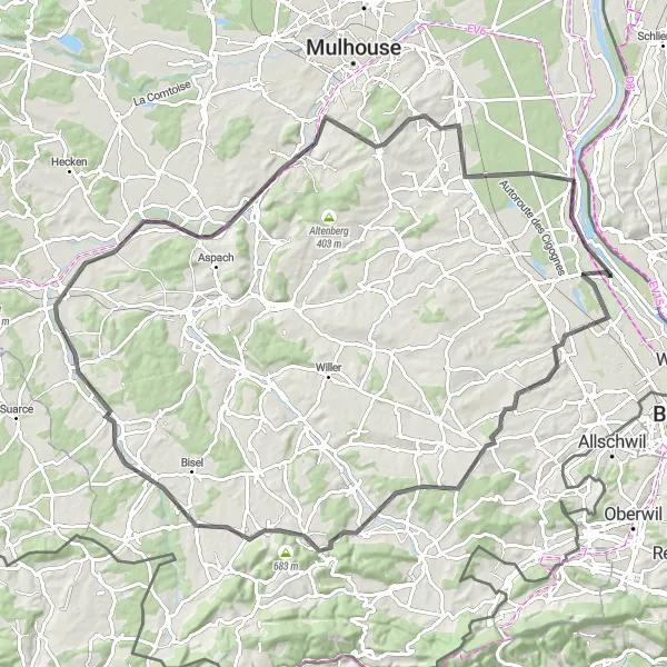 Map miniature of "Blotzheim-Kembs Loop" cycling inspiration in Alsace, France. Generated by Tarmacs.app cycling route planner