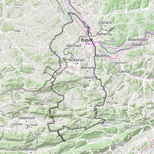 Map miniature of "Alsace and Basel Mega Adventure" cycling inspiration in Alsace, France. Generated by Tarmacs.app cycling route planner