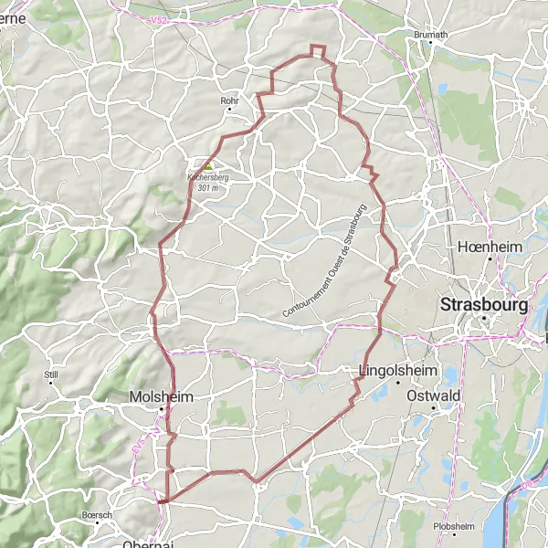 Miniature de la carte de l'inspiration cycliste "Escapade dans le Kochersberg" dans la Alsace, France. Générée par le planificateur d'itinéraire cycliste Tarmacs.app