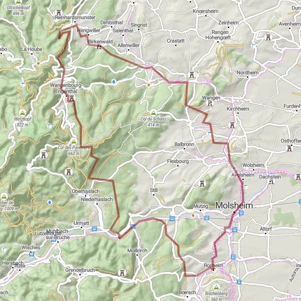 Miniature de la carte de l'inspiration cycliste "Les Crêtes du Kochersberg" dans la Alsace, France. Générée par le planificateur d'itinéraire cycliste Tarmacs.app