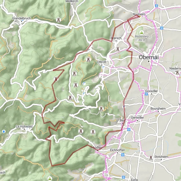 Miniature de la carte de l'inspiration cycliste "Aventure Gravel dans les Vosges" dans la Alsace, France. Générée par le planificateur d'itinéraire cycliste Tarmacs.app